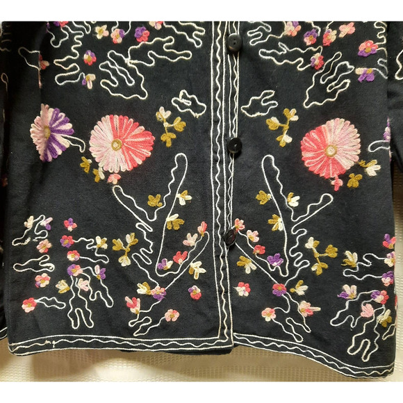 TAKE‎ TWO WOMEN'S M BLACK FLORAL EMBROIDERED BOHO BUTTON UP LONG SLEEVE JACKET - Picture 4 of 8
